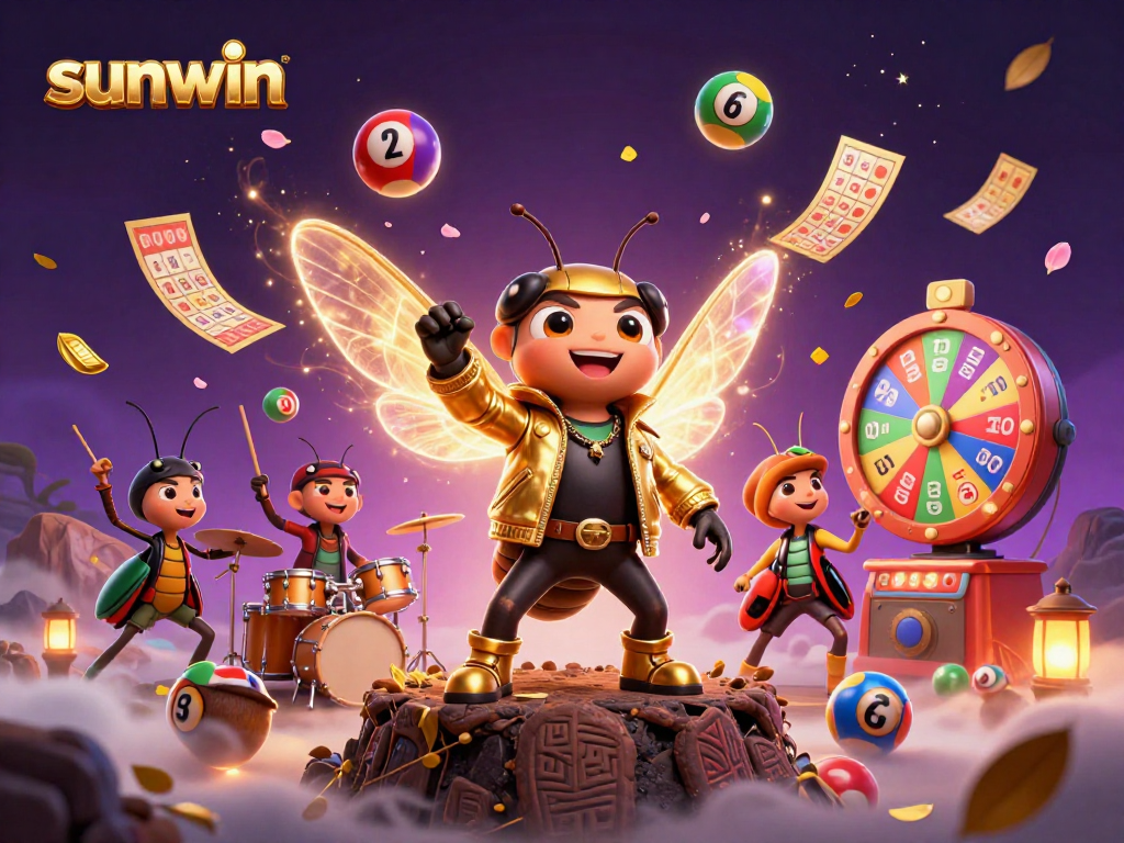 Join the excitement at sunwin with this vibrant 3D lottery-themed scene featuring a cicada rock star.