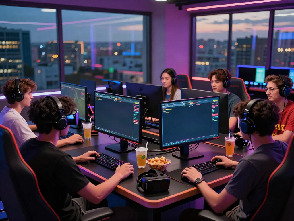 Dynamic online gaming scene at https://man88pro.com/ showcasing friends enjoying a competitive atmosphere with technology and snacks.