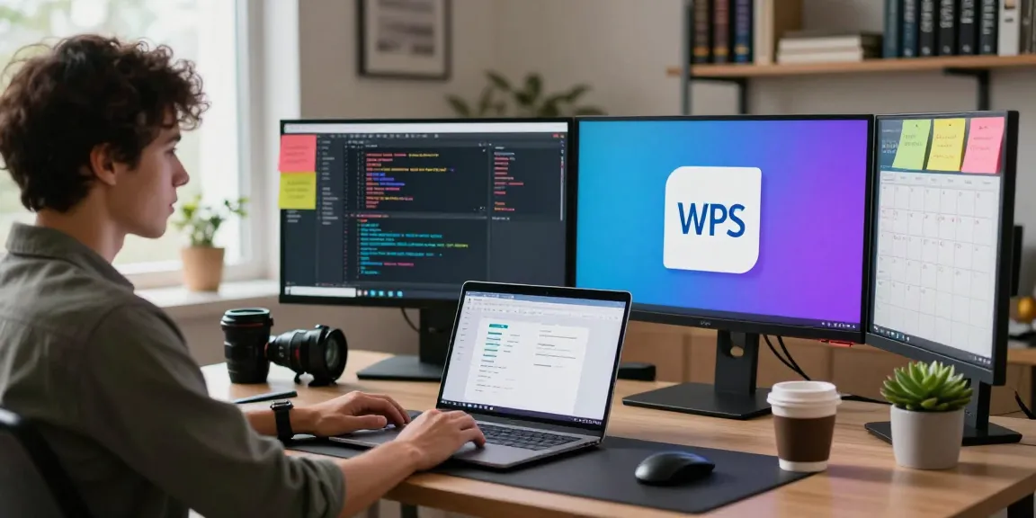 Workspace setup for WPS Download with laptop showing software interface and coding tutorials in a modern office.