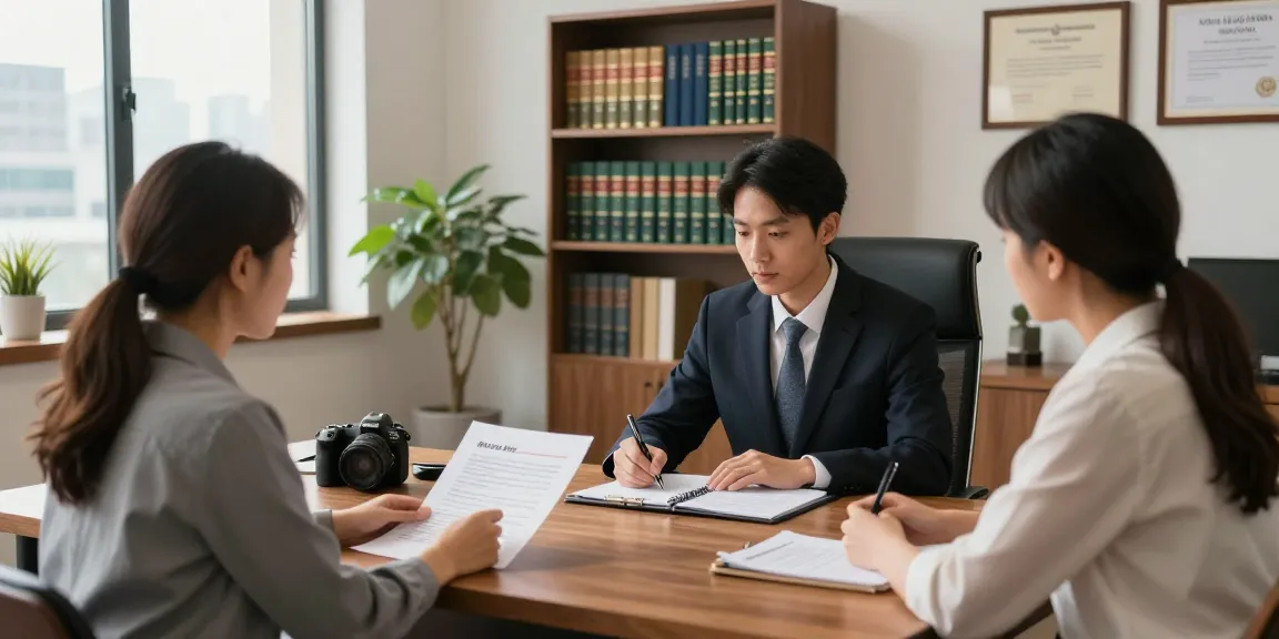Family law blog consultation scene with a lawyer and couple discussing legal matters in an inviting office.