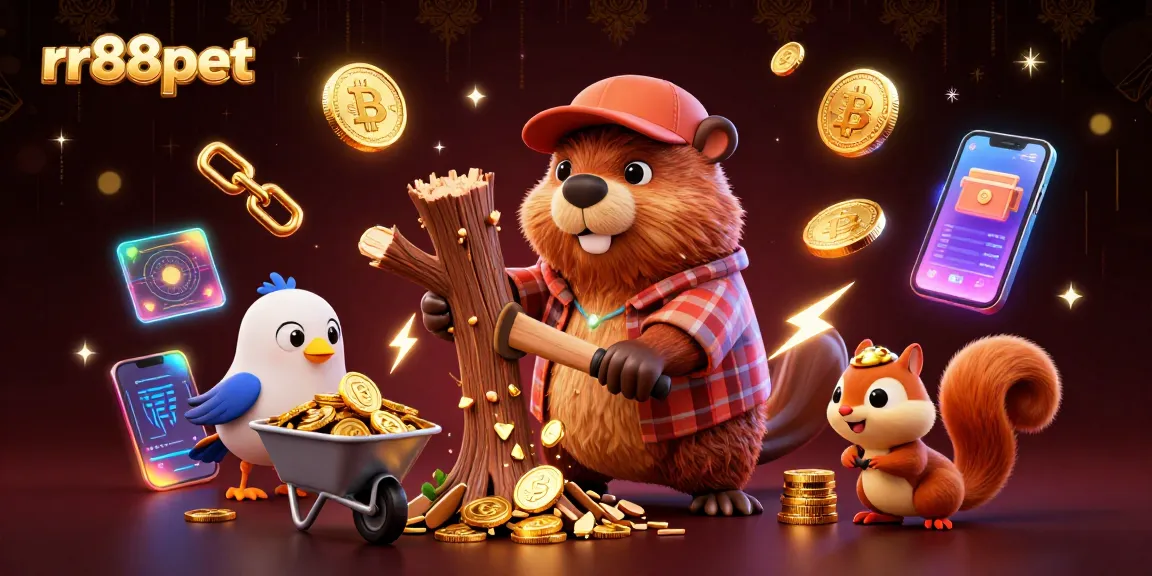 rr88pet showcases a cartoon beaver in a casino-themed 3D illustration, collecting golden coins.