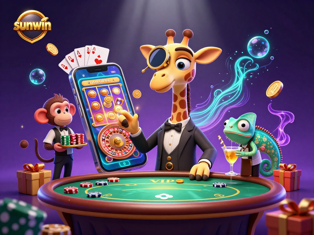 Sunwin engaging players with a vibrant 3D casino scene featuring a high-roller giraffe, monkey valet, and chameleon bartender.