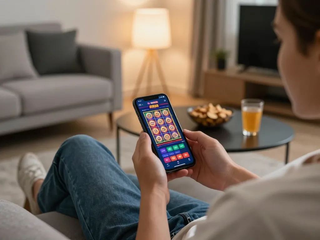 Engaging in mobile gaming with RR88 app on smartphone while relaxing at home, showcasing responsible gambling