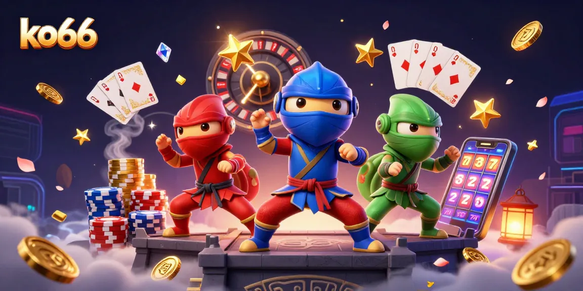 Experience the thrill of ko66 with cartoon ninja chameleons amidst brilliant casino elements.