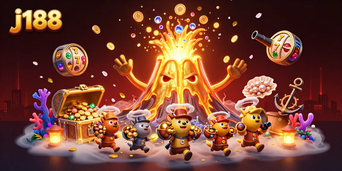 Spin winnings and treasure at j188's vibrant casino-themed volcanic eruption!