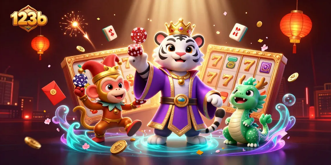 Engage with 123b's vibrant casino scene featuring characters playing and winning with slot reels.