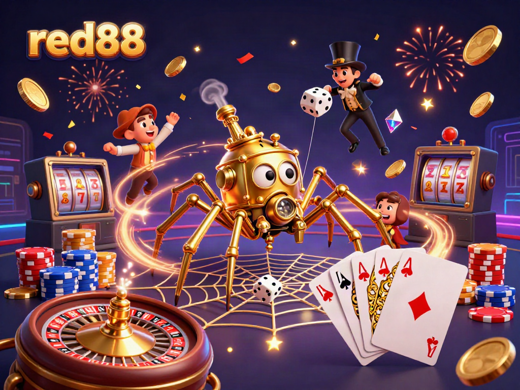 Engage in thrilling gameplay with red88's golden spider and Victorian fly gentleman amidst a rich casino scene.