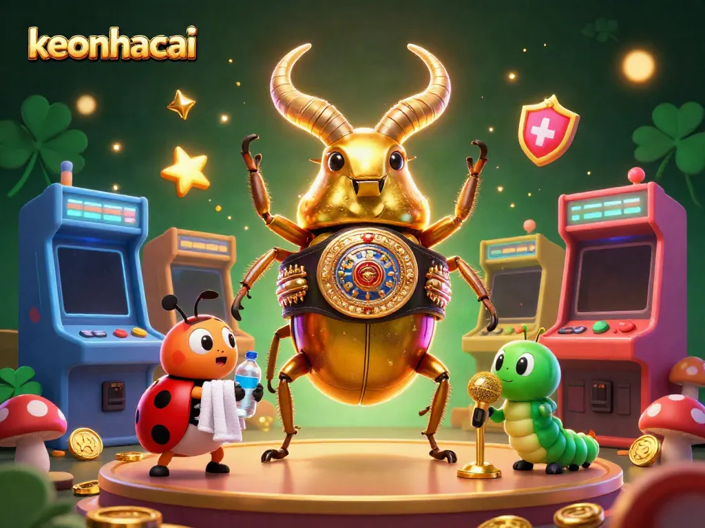 Engage with keonhacai's gameplay as a golden stag beetle champion corners a tiny ladybug trainer and a caterpillar announcer.