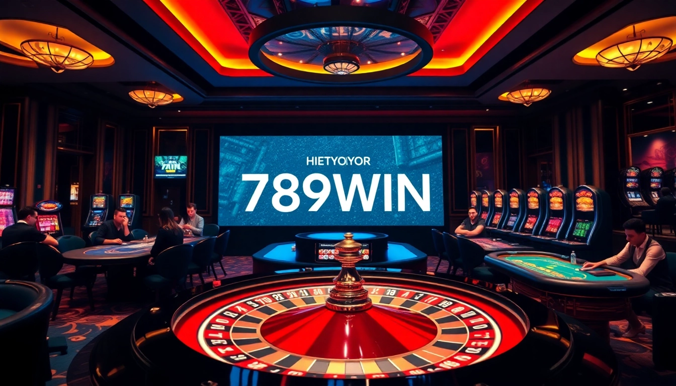 Experience the thrill of 789WIN at a glamorous casino with vibrant roulette and poker games.