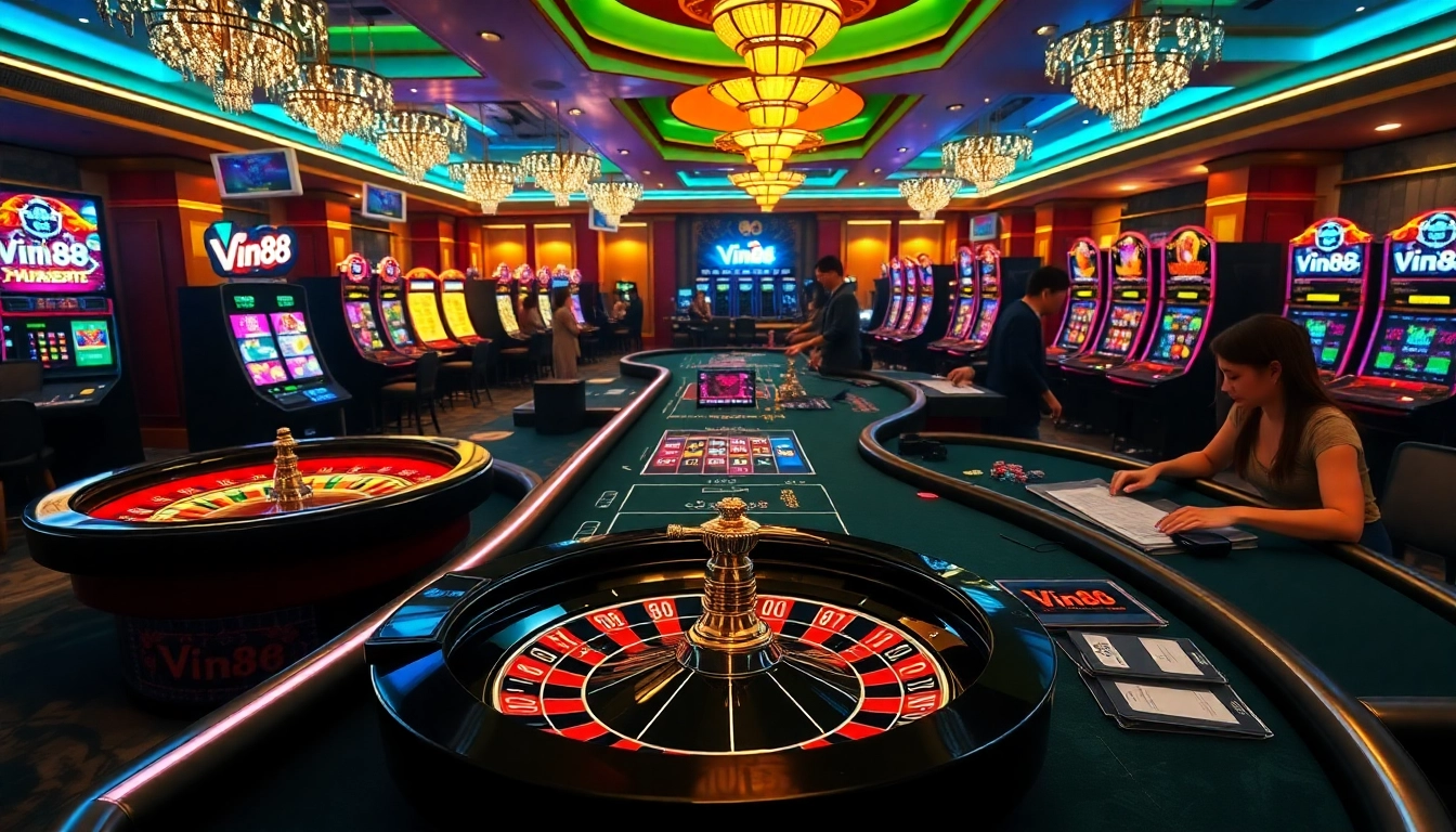 Players enjoying high-stakes gameplay at Vin88 casino tables in a vibrant, luxurious atmosphere