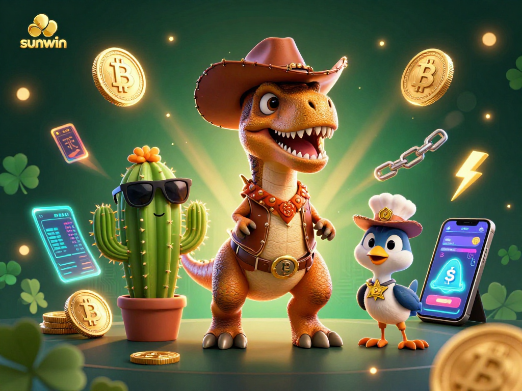 Play thrilling games and win with sunwin featuring a cartoon cowboy dinosaur and vibrant crypto elements.