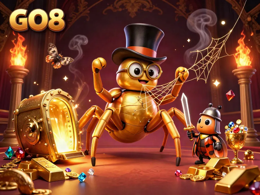 In an engaging casino scene, GO8 features a golden tarantula and beetle knight with surrounding treasures.