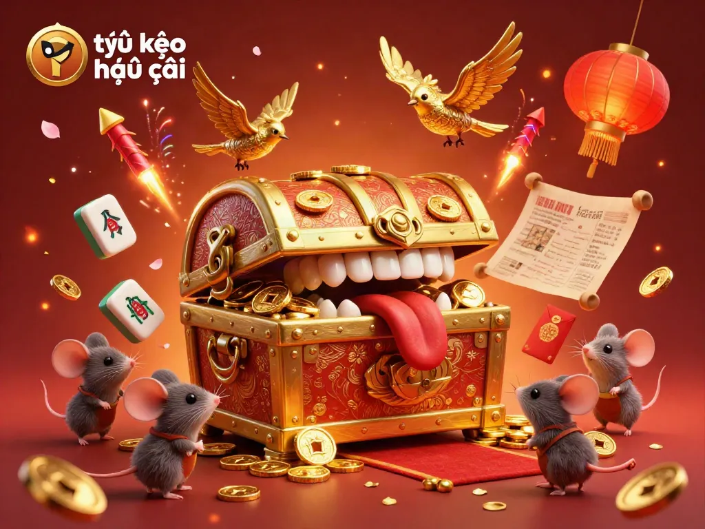 Engage with the dynamic scene showcasing tỷ lệ kèo nhà cái, featuring a golden treasure chest inviting adventurers with riches.