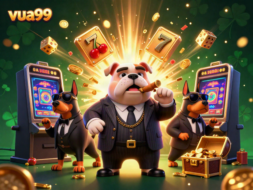 Experience excitement at vua99 with a lively 3D casino scene featuring a bulldog mob boss and dynamic gaming elements.