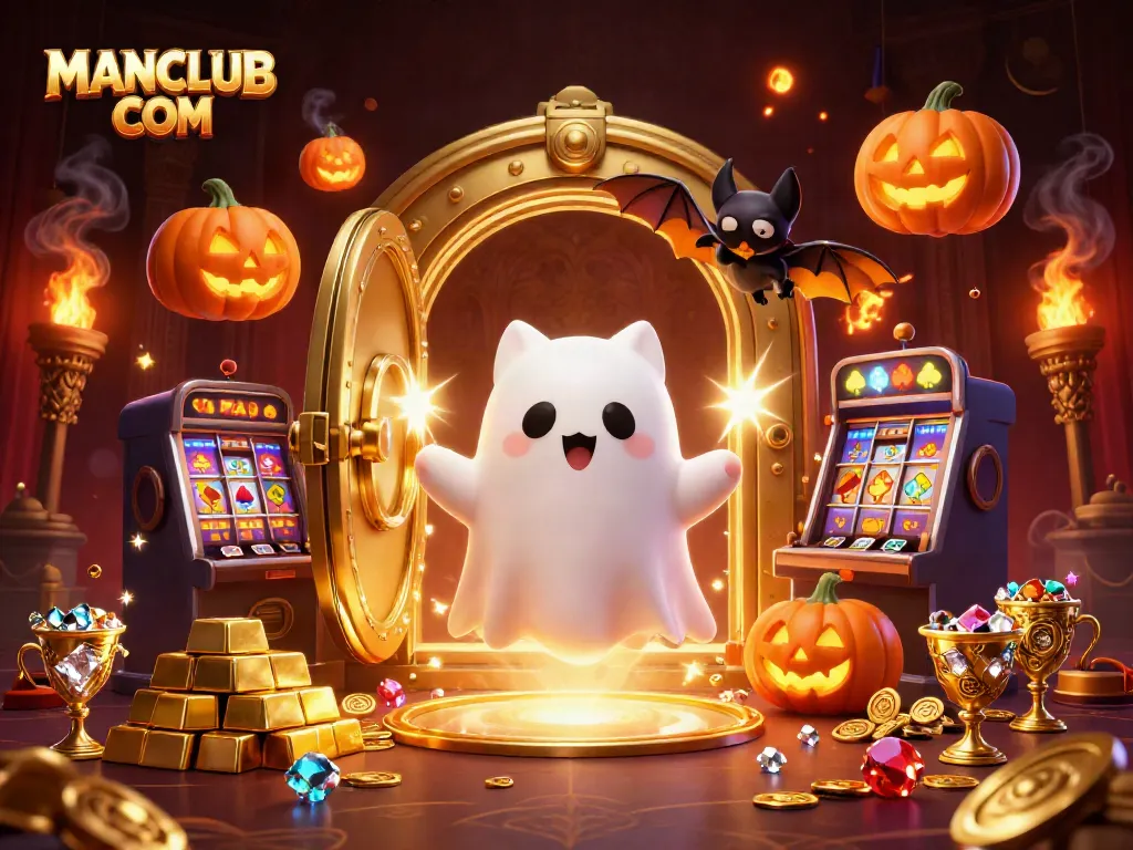 Experience thrilling fun at MANCLUB COM with a ghost cat, vampire bat, and glowing treasures swirling in a casino