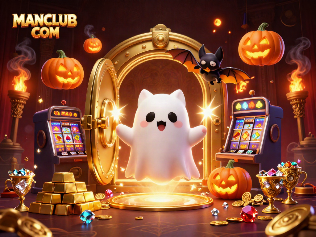 Experience thrilling fun at MANCLUB COM with a ghost cat, vampire bat, and glowing treasures swirling in a casino