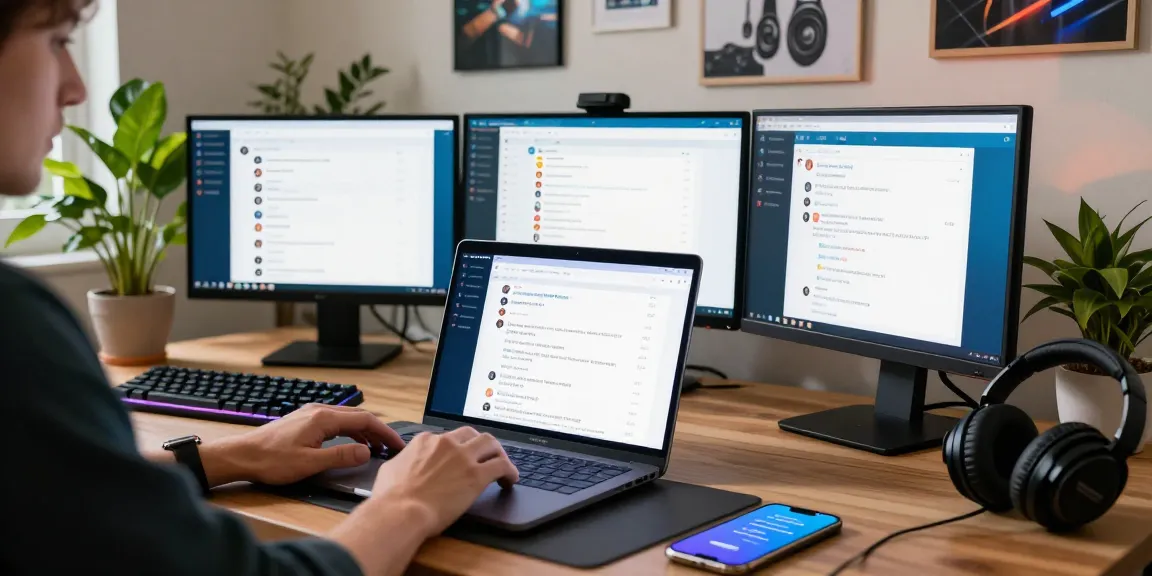 Person using Telegram Web Version on laptop in a modern workspace with tech accessories.