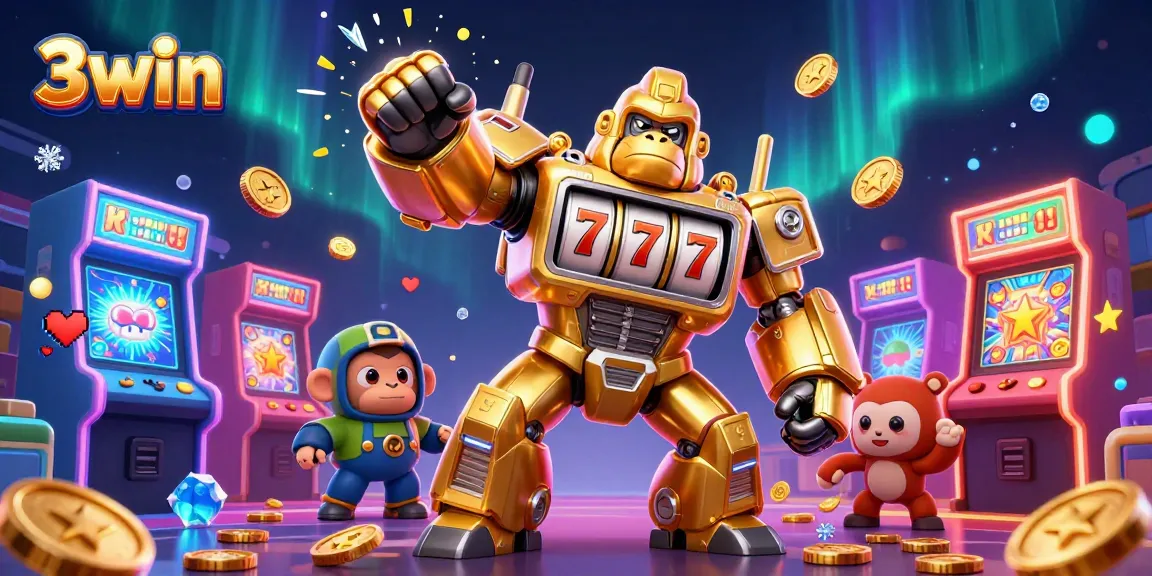 Engage with thrilling 3win gaming as a golden gorilla mech explodes with coins, showcasing vibrant slots