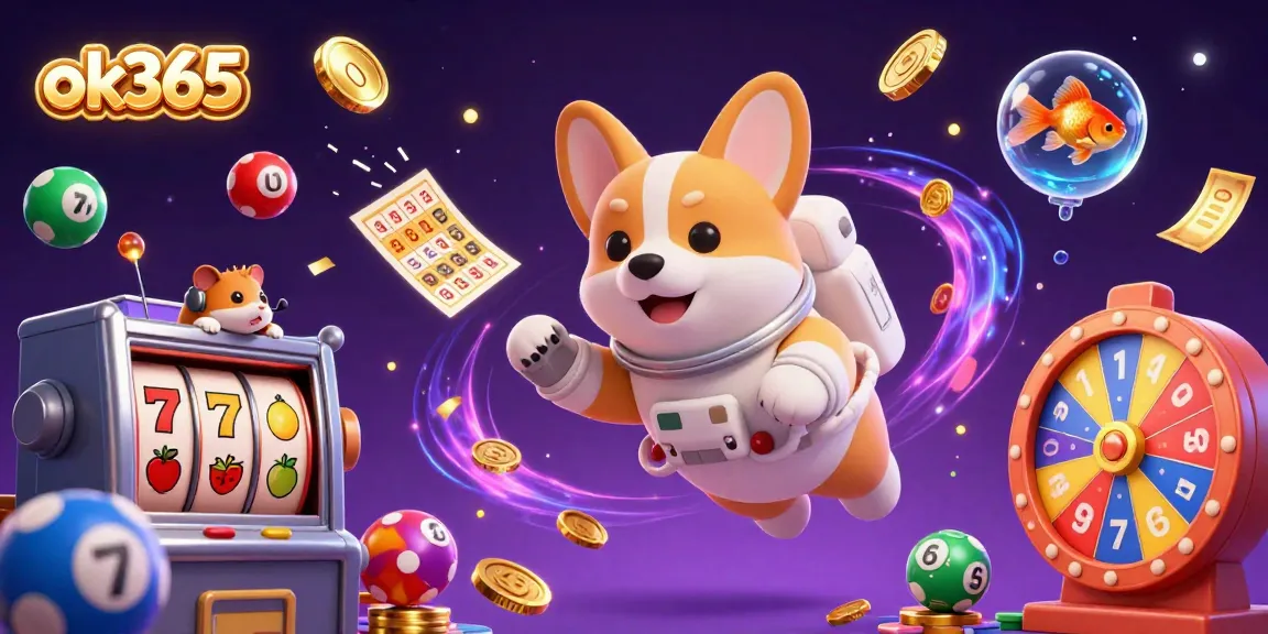 Experience vibrant casino thrills at ok365 with floating corgi and lucky game elements in space.