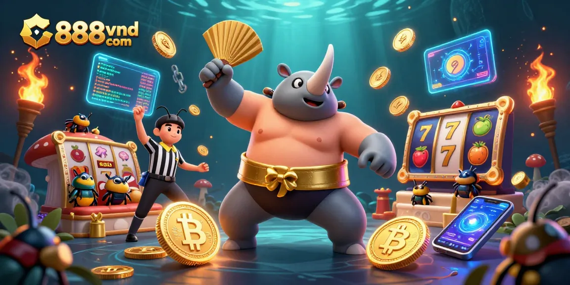 Experience thrilling wins with 888vnd com, featuring a spectacular sumo beetle showdown amidst vivid casino elements.