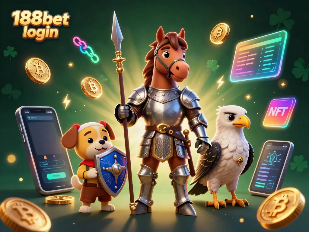 Experience seamless gambling with 188bet login, as colorful casino characters and crypto symbols unite.