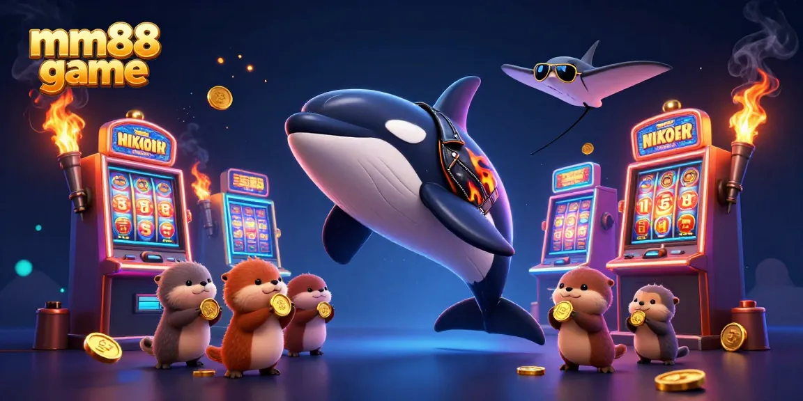 Join the excitement of mm88 game with a joyful orca, stingray, and otters amid colorful slots and casino elements.