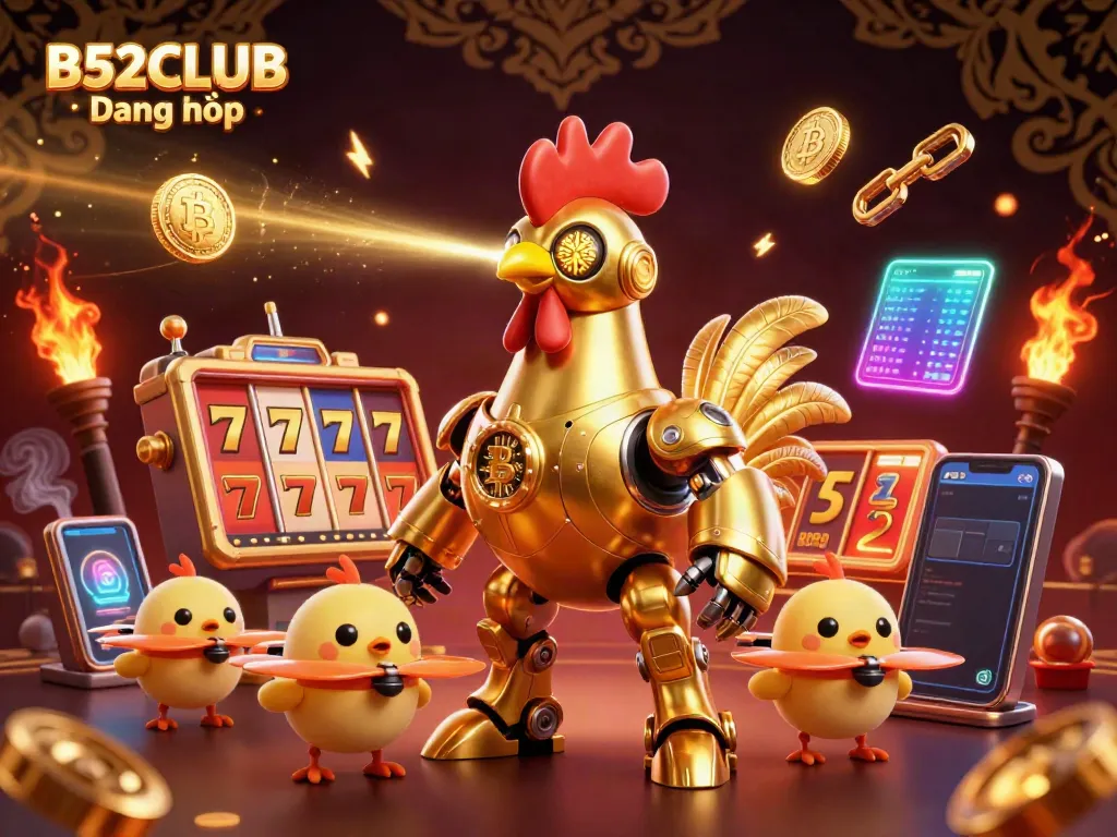 Experience thrilling B52CLUB Đăng nhập with golden rooster robot and dazzling casino elements.