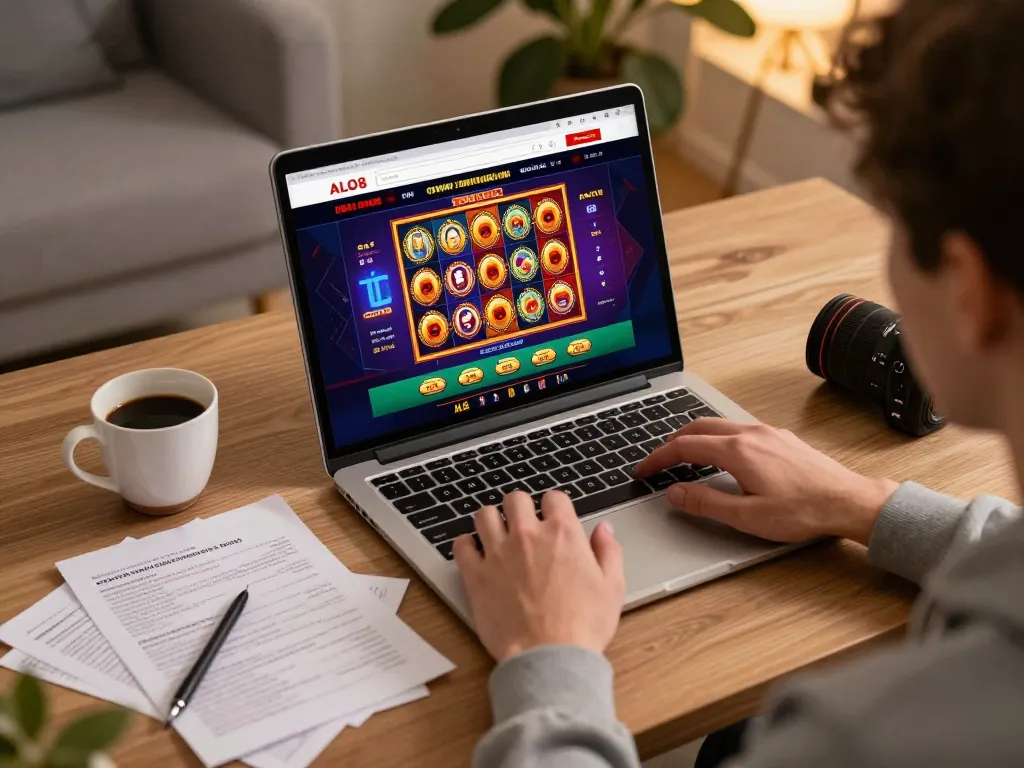 Person engaged in an online game at ALO8 casino from a cozy home environment, showcasing a relaxing gambling experience.