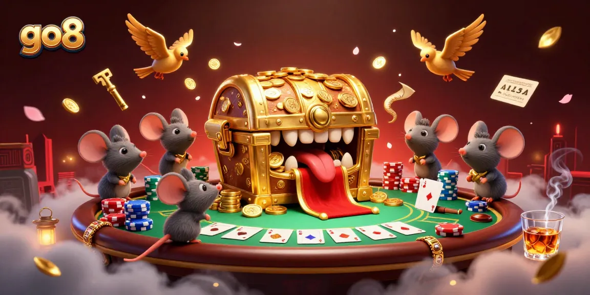 Engage with go8's vibrant casino adventure as treasure chests lure in players, enveloped in a sea of poker excitement.