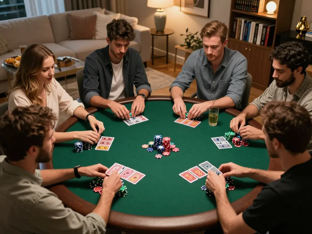 Friends enjoying a poker night, analyzing hands and placing bets with keonhacaii chips on a cozy table.