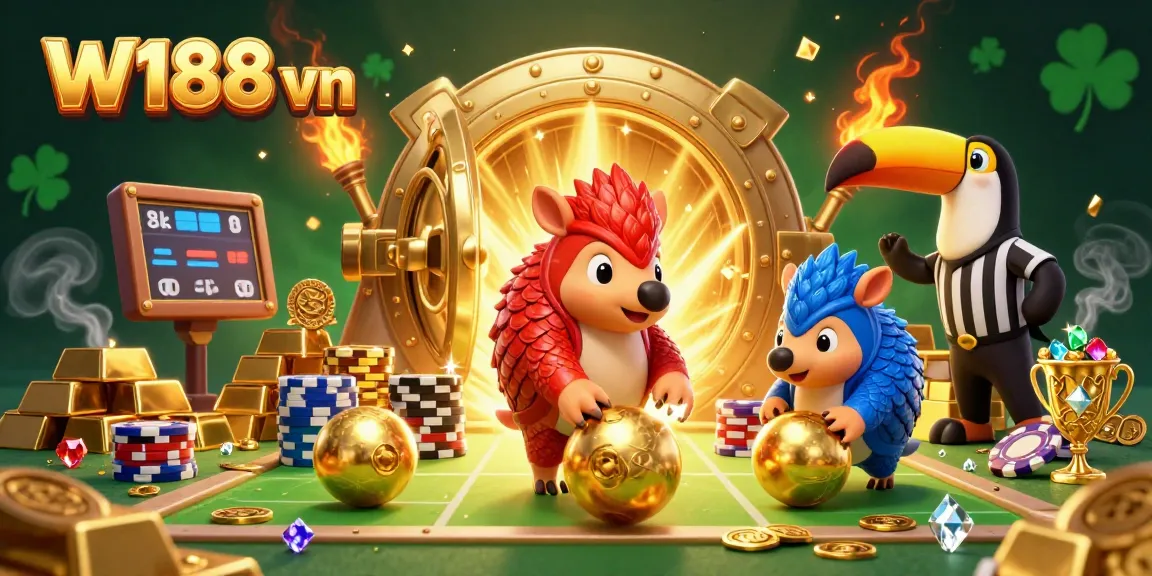 Engage with W188 vn for thrilling casino action as rival pangolins immerse in a game of bowling through poker chips.