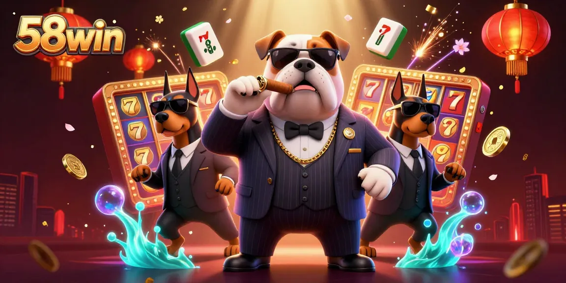 Win big with 58win in this lively casino scene featuring playful characters and exciting gaming elements.