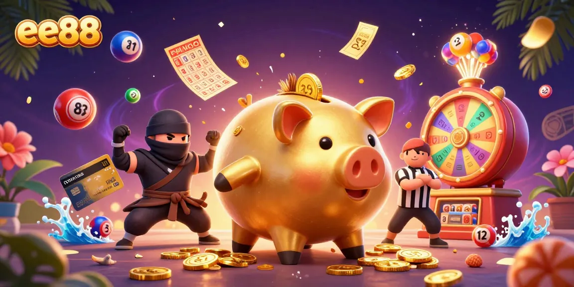 ee88's dynamic casino scene features a sumo wrestler, ninja, and referee amidst overflowing lottery fun.