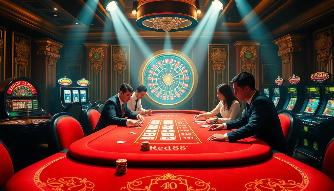 Gamblers enjoy a thrilling Baccarat game at a luxurious casino featuring red88 branding.