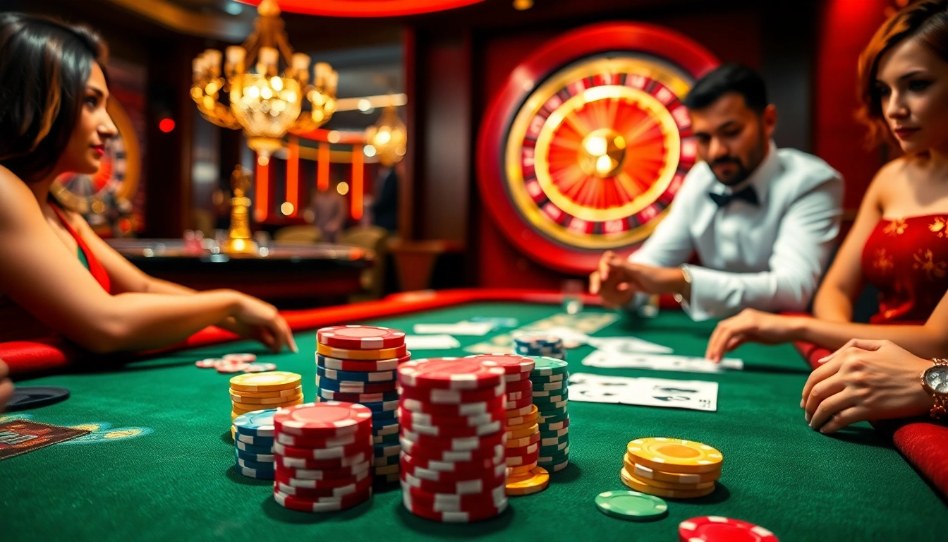 Players enjoying a high-stakes poker game at OK365 casino table with vibrant chips and cards.