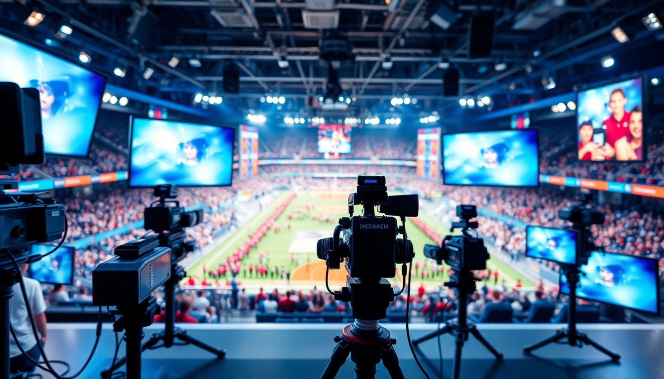 Captivating sports broadcasting studio scene showcasing dynamic coverage of live sports events.