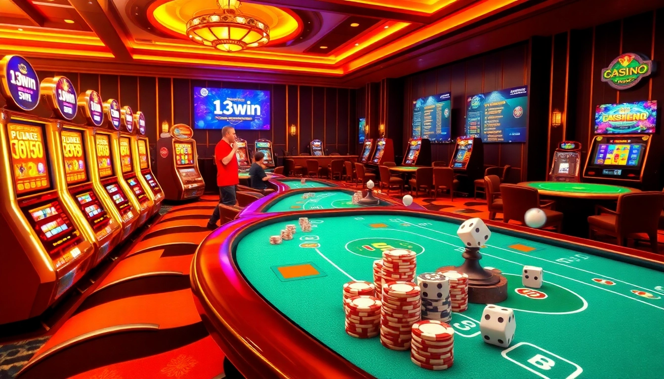 Experience the excitement of online gambling at 13win.com with vibrant casino tables and slot machines.