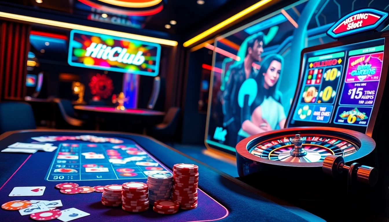 Cổng game Hitclub showcasing an exciting online casino atmosphere with vibrant tables and modern slot machines.