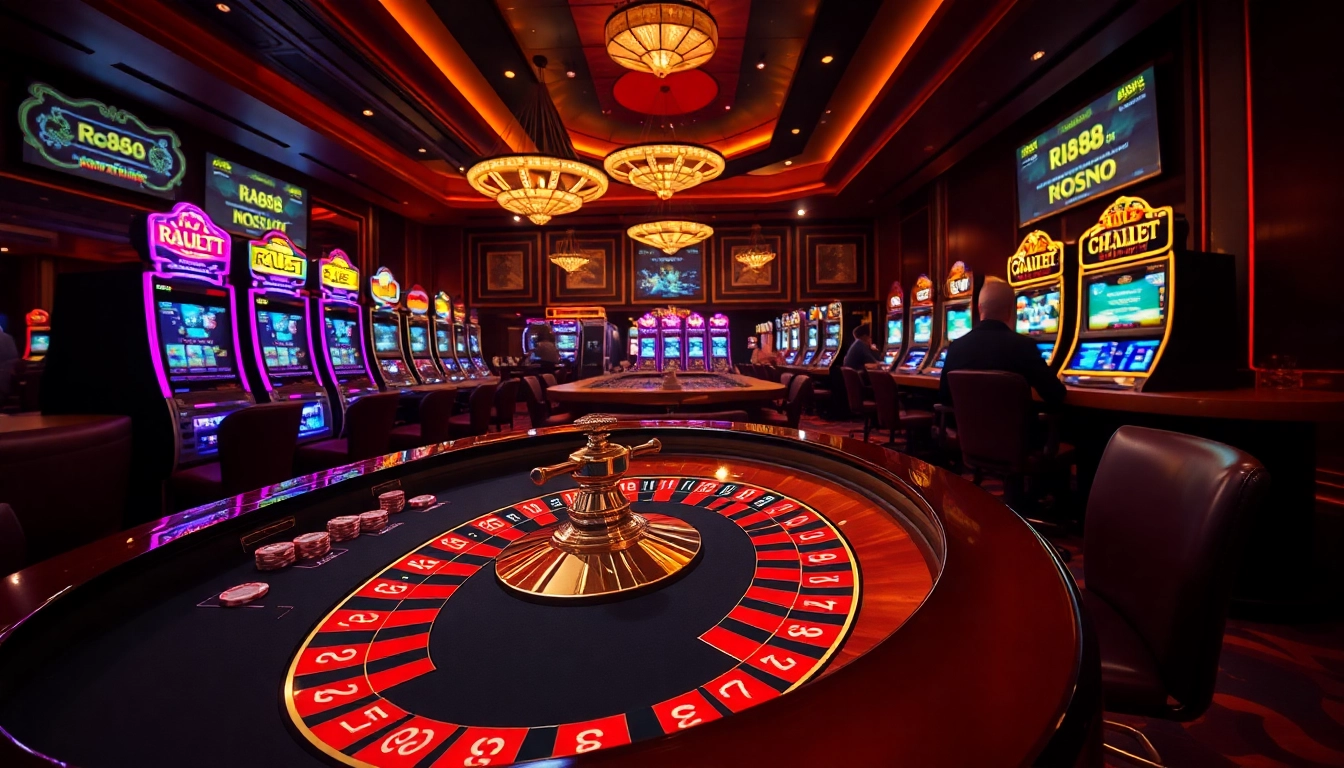 Experience the thrill of winning at RR88's casino with vibrant slot machines and roulette action.