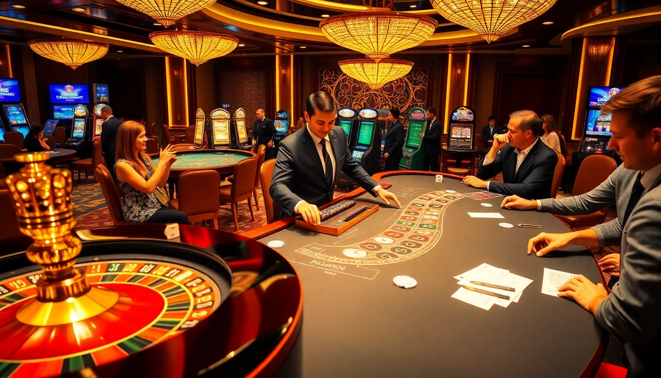 Engaging scene of casino excitement at https://lucky88ai.net/ with lively roulette and poker tables.