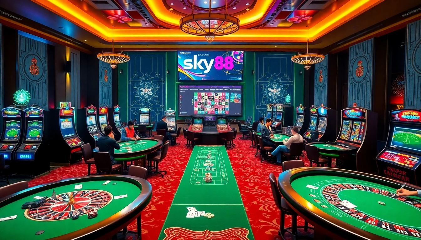 Engaging players at a lively casino scene showcasing https://sky88j.design/ online gambling experience.