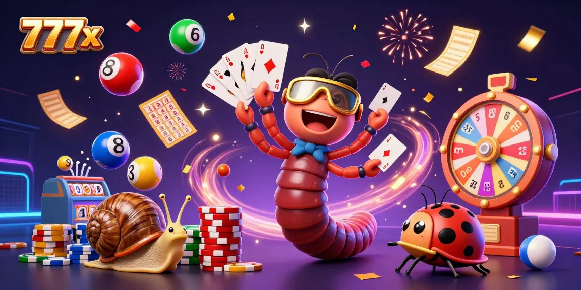 Engage in vibrant gambling action with 777x featuring a millipede dealer, a high-roller snail, and a pill bug in a casino scene.