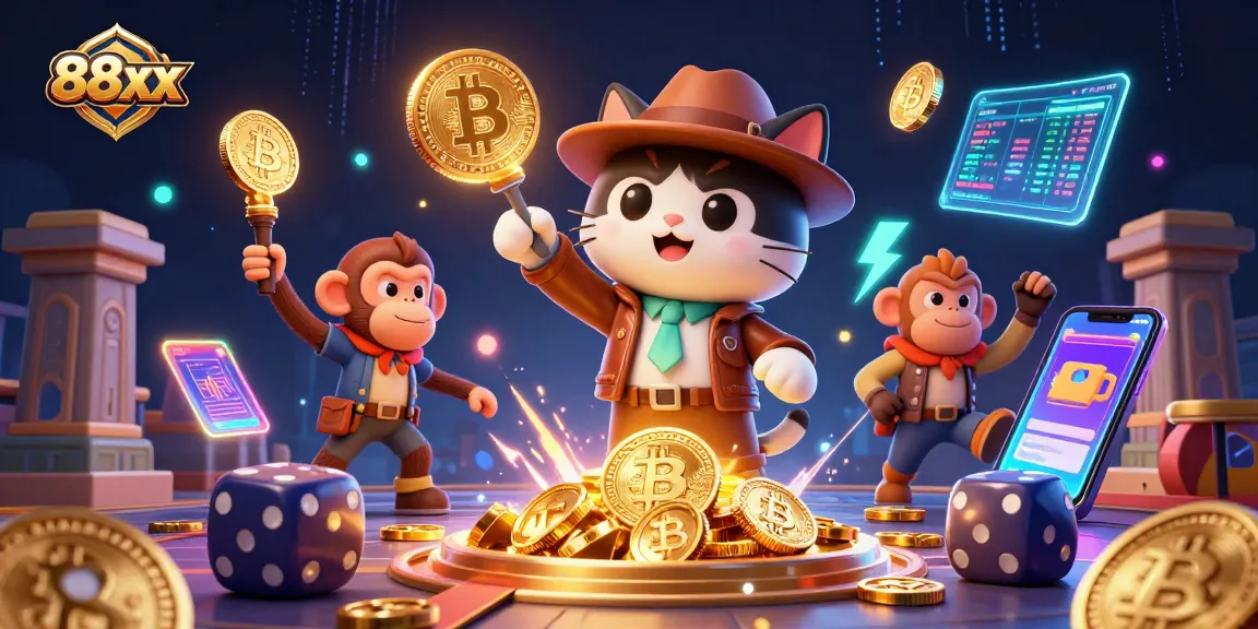 Experience thrilling gameplay at 88xx with a vibrant illustration of an explorer and crypto coins.