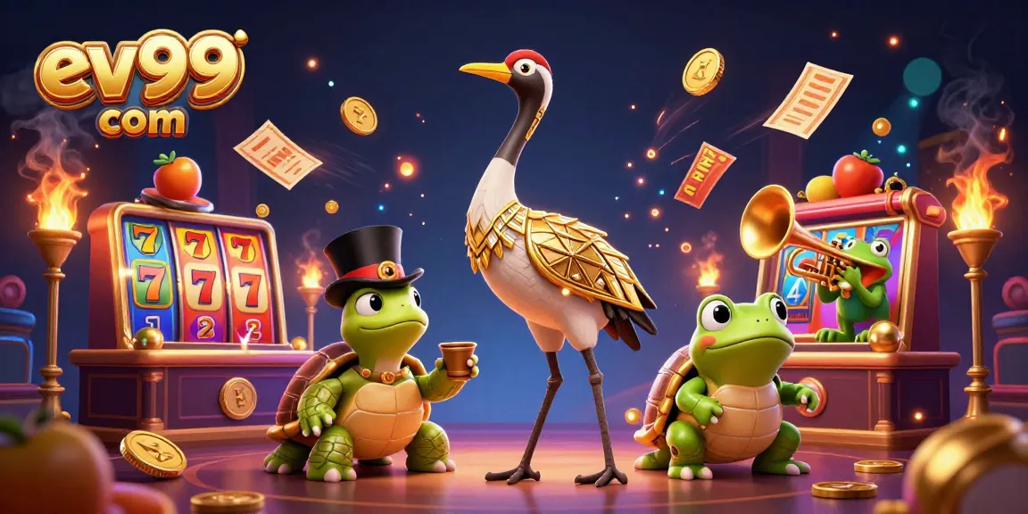Spin the reels at ev99 com while enjoying a vibrant casino-themed illustration with dynamic characters.