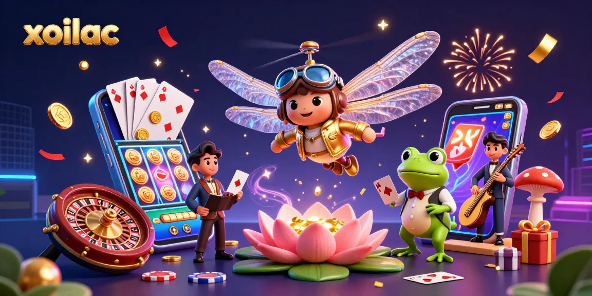 Xoilac enhances casino excitement with a dragonfly pilot and frog croupier in a lively 3D gambling scene.