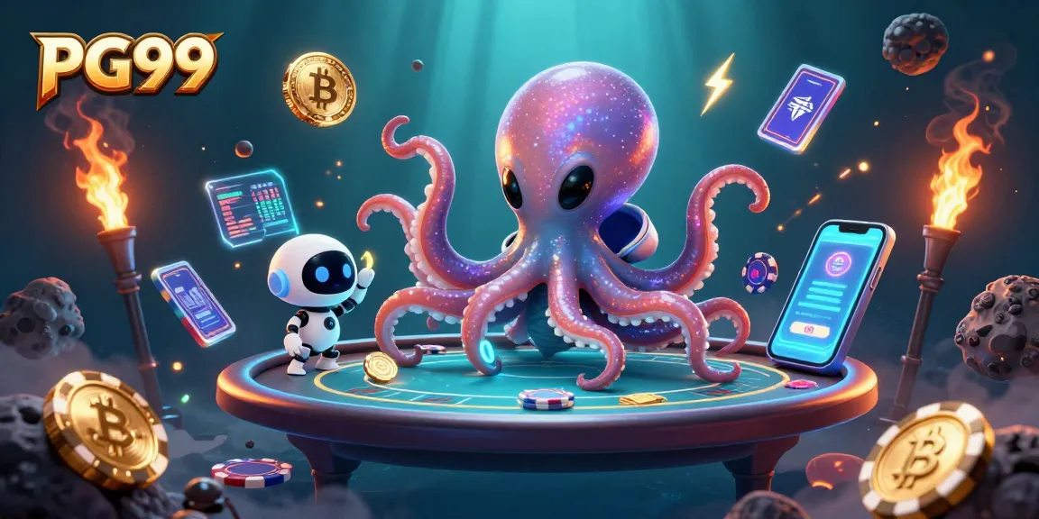 Engage in epic gaming at PG99 with a vibrant alien octopus dealer in a holographic casino universe.