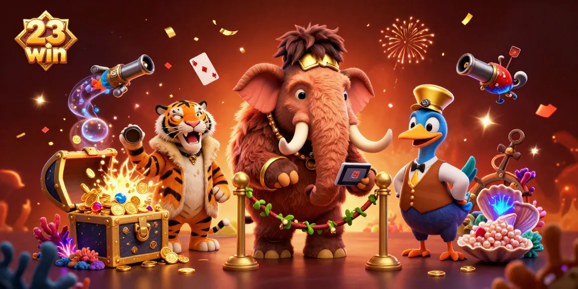 Experience the vibrant fun of 23win with a lively casino illustration featuring a woolly mammoth and vibrant game elements.
