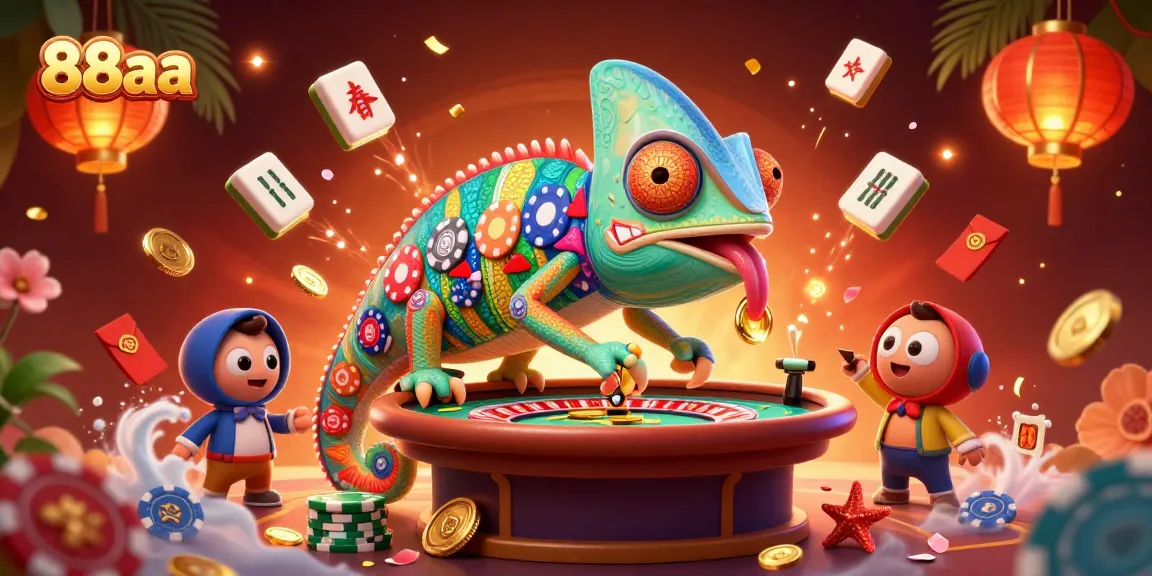 Engage with 88aa's vibrant casino world featuring chameleons, mahjong tiles, and festive elements.