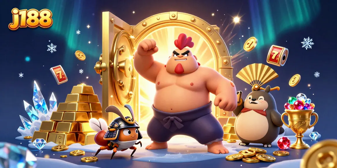 Join the action at j188 with a fierce sumo rooster and samurai cricket in a dynamic casino scene.
