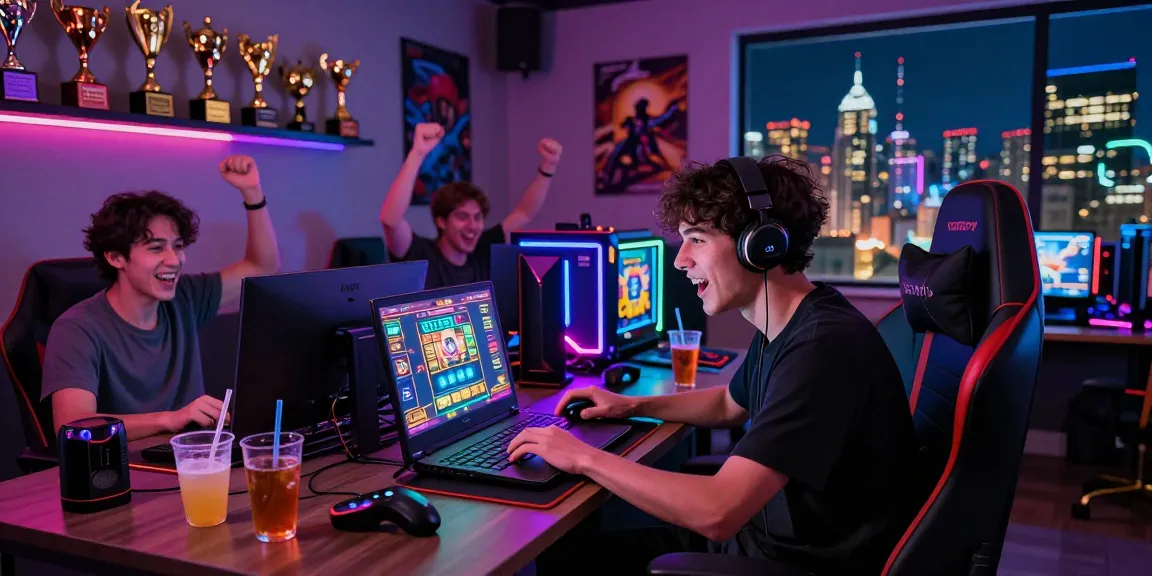 Engaged player enjoying slot gacor game in modern gaming setup with vibrant lights and trophies.